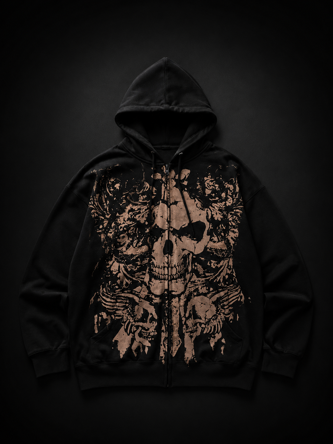 Siyah Gothic Skull Baskılı Y2K Kapüşonlu Ceket
