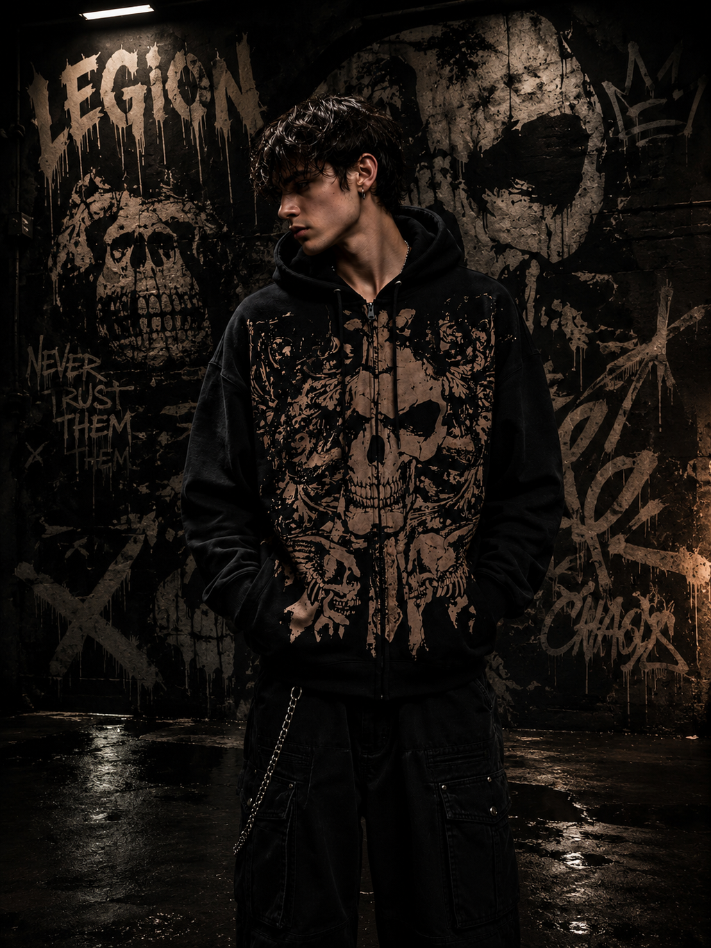 Siyah Gothic Skull Baskılı Y2K Kapüşonlu Ceket