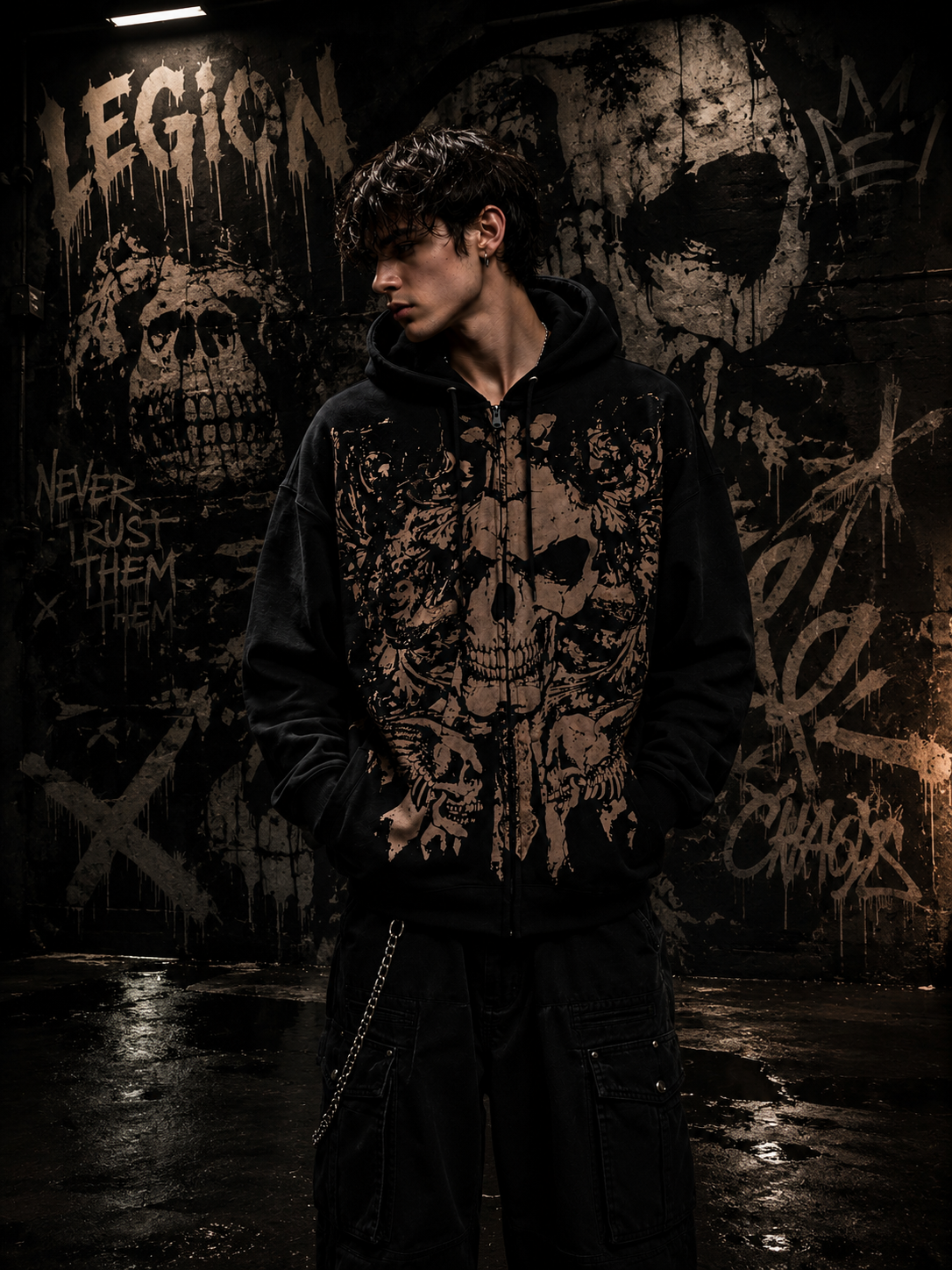 Siyah Gothic Skull Baskılı Y2K Kapüşonlu Ceket