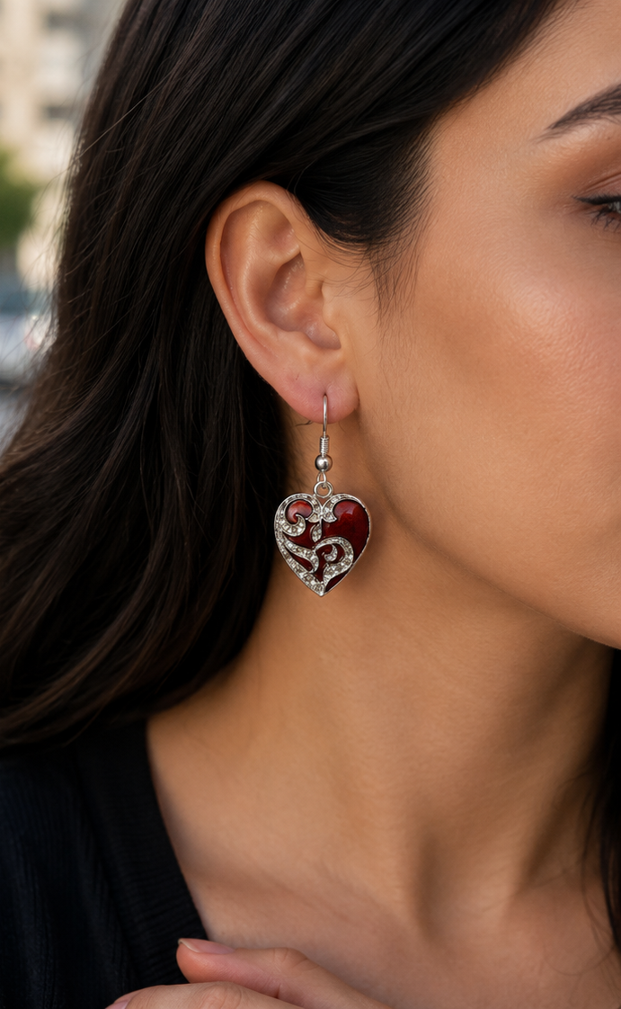 Kırmızı Desenli Kalp Gothic Küpe