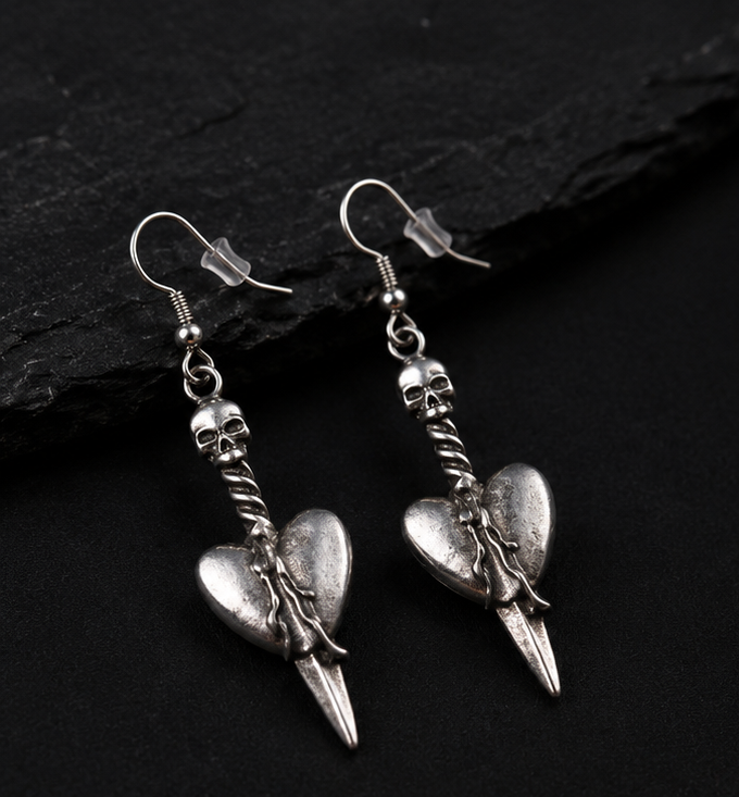 İskelet Kalp Gri Gothic Küpe