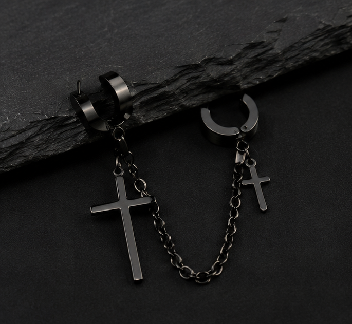 Haç Siyah İkili Gothic Küpe Unisex