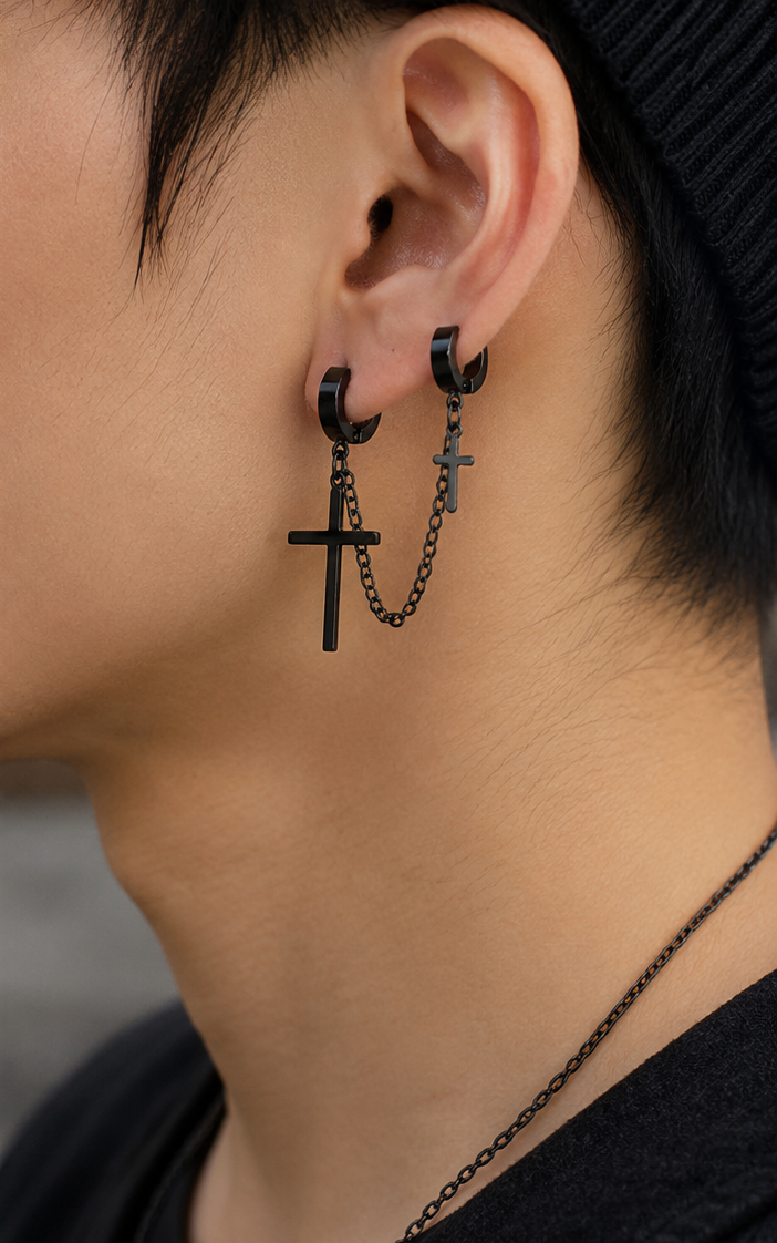 Haç Siyah İkili Gothic Küpe Unisex